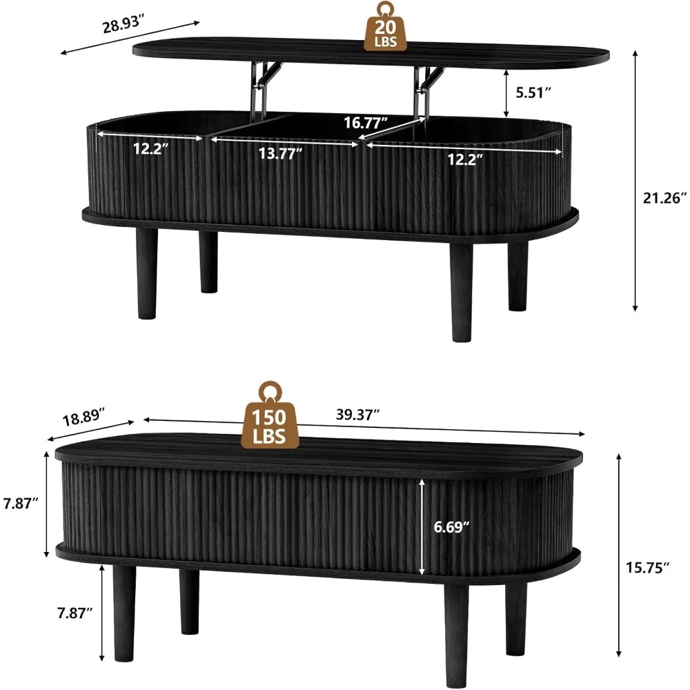 Fluted Lift Top Coffee Table with Hidden Compartment, Fully Assembled Wooden Center Table, Modern Oval Lift Tabletop 2