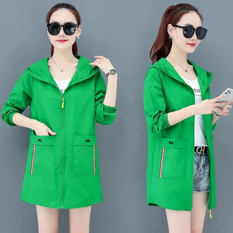 

Солнцезащитные женские куртки средней длины базовое пальто с капюшоном Корейская Свободная Женская одежда 2022 летняя тонкая куртка верхняя одежда