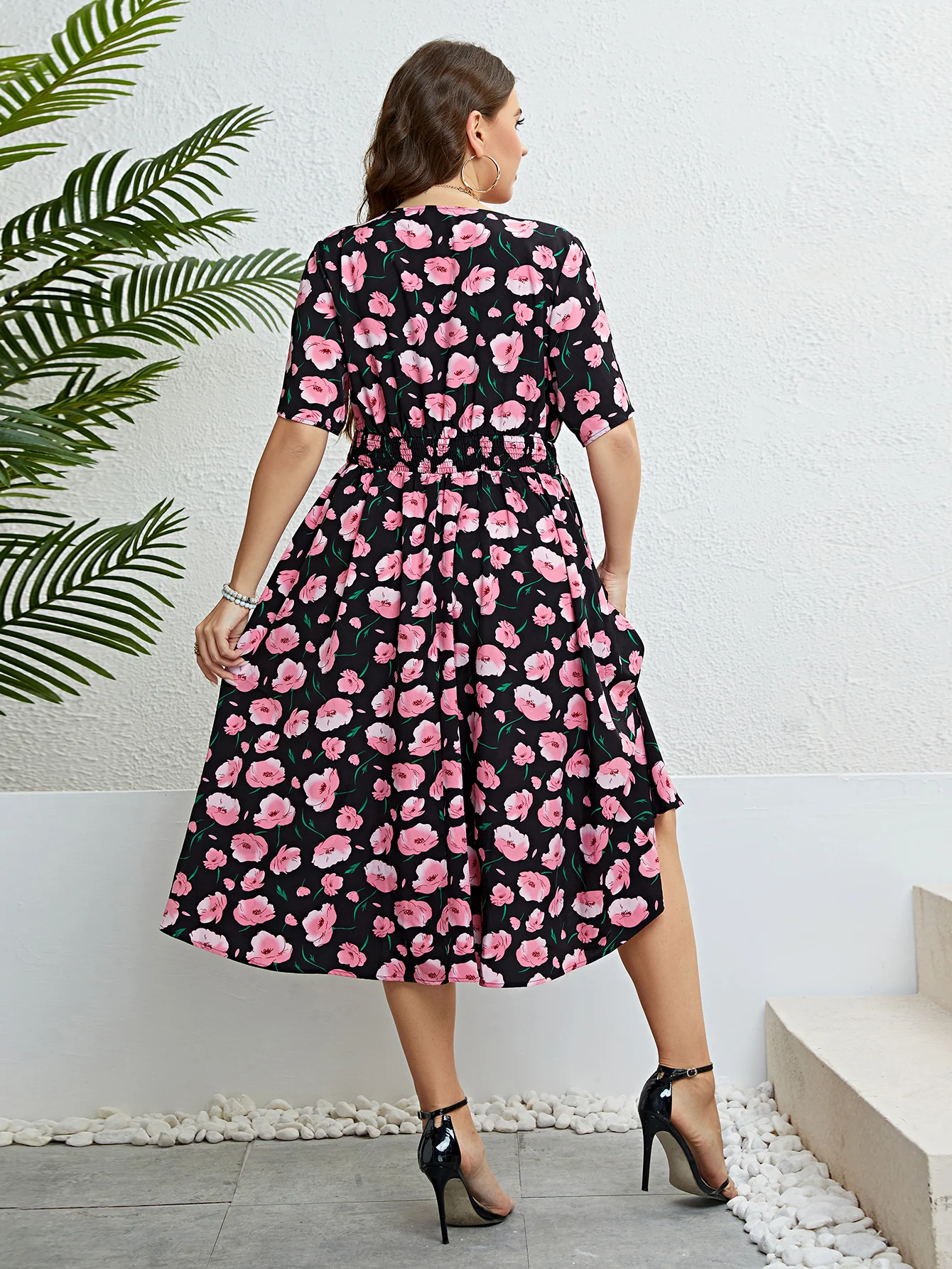 KEBY ZJ Plus Size Women Clothing Summer Dress Short sleeve Chiffon Sexy V-neck Elastic Waist Floral Print Beach Long Dresses 4XL