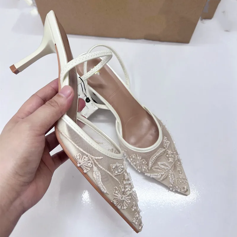 Women Sandals Women High-heel Pumps Embroidered Mesh Open Heel Shoes Fashion Print Stiletto Sexy Pointed End Mules women sandals,women high heels