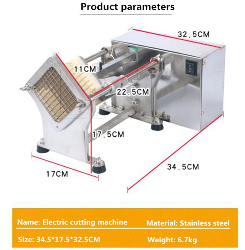 Description Picture 4 of itemElectric Potato French Fries Chips Cutter Slicer Stainless Steel Cut Vegetable Onion Carrots Machine 7MM 10MM 14MM