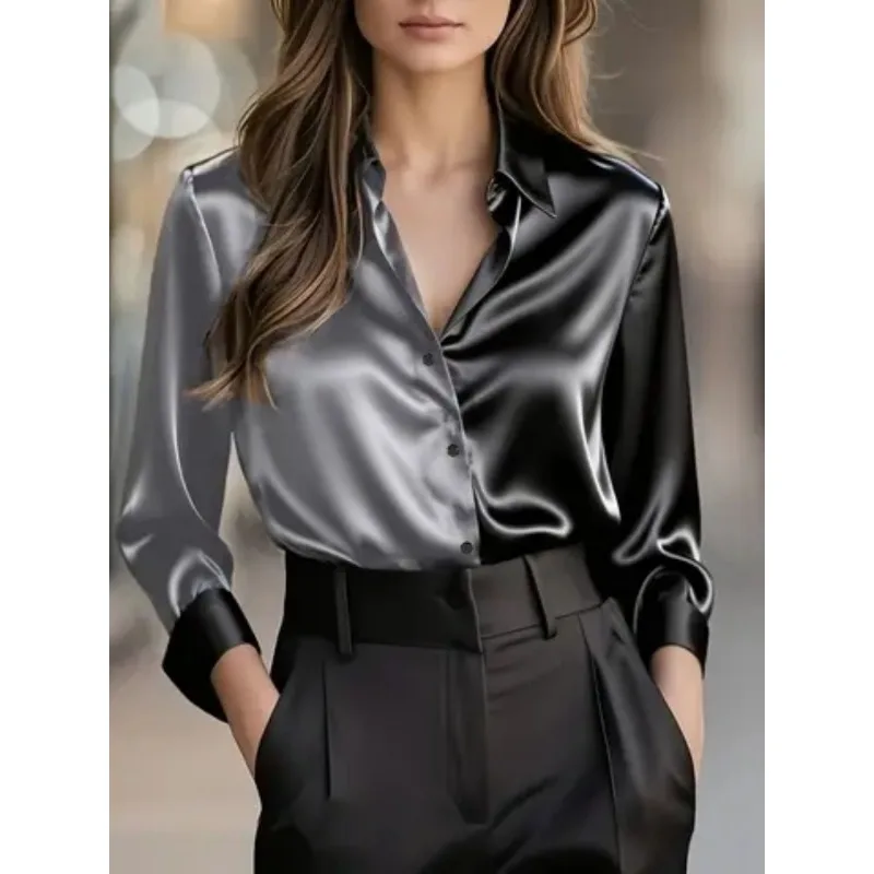 New Spring and Autumn Fashion Women's Lapel Color Matching Cardigan Long-sleeved Shirt Elegant Single-breasted Satin Blouse Top