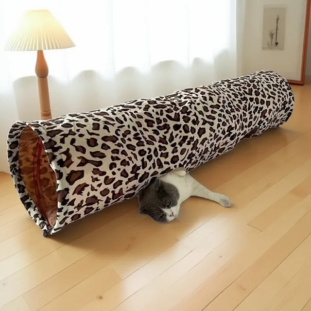 Plush Leopard Print Printed Cat Tunnel Soft and Foldable Cat Friendly Straight Through Three-way Channel Pet Cat Toy