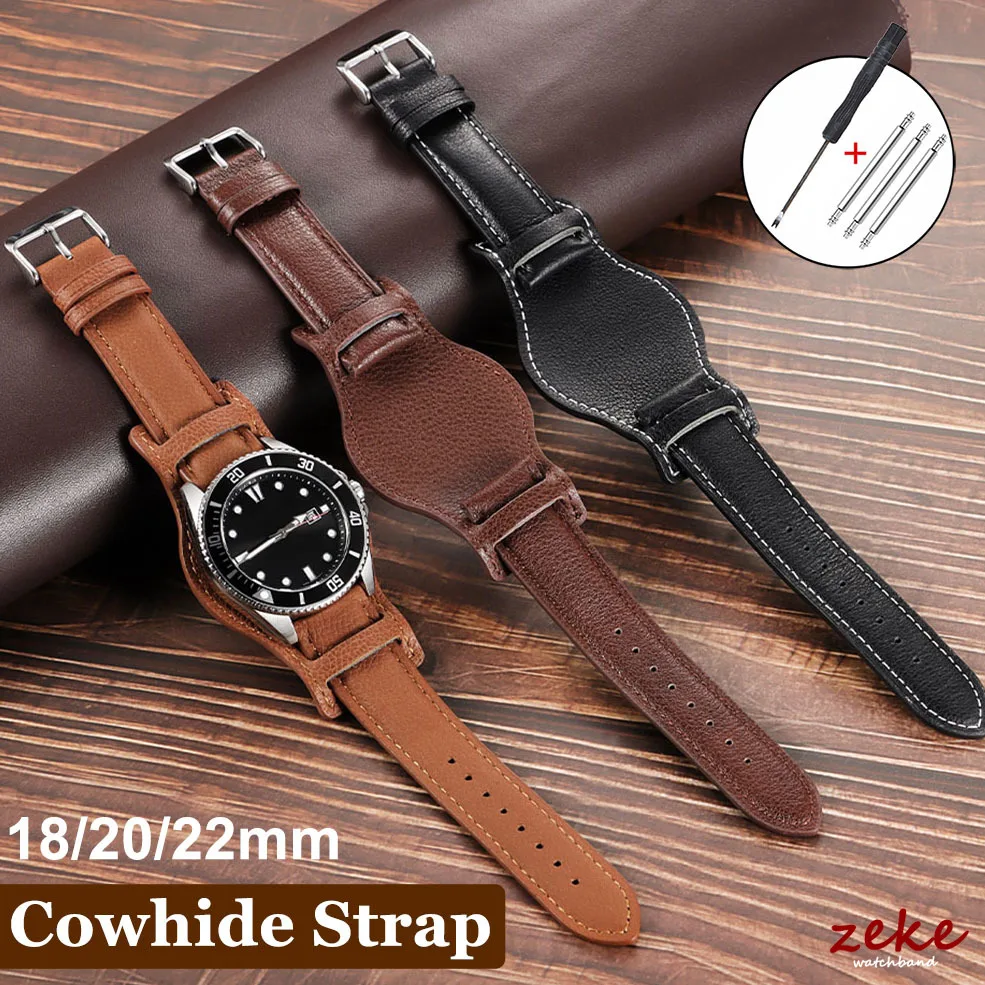 Premium Genuine Calfskin Watch Strap - Vintage Cowhide Leather Band for Men, Available in Brown and Black