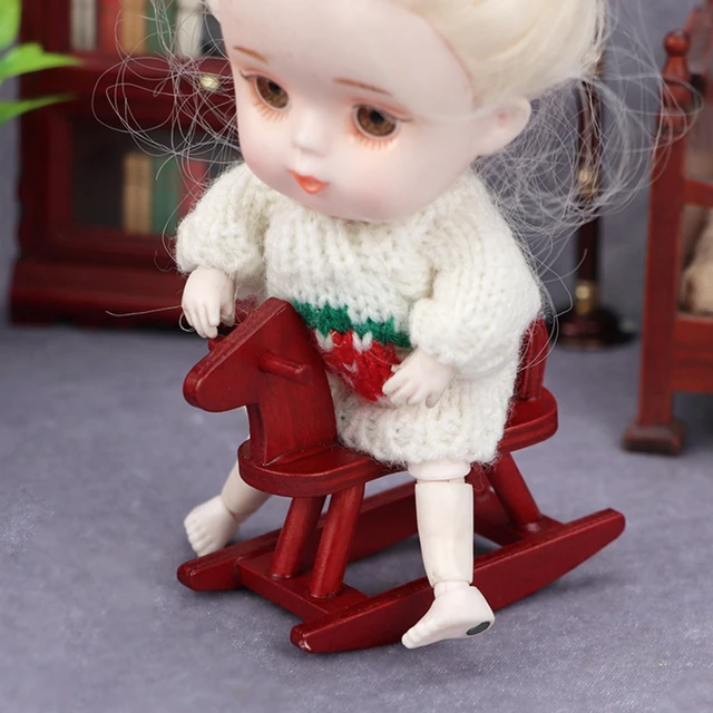 Mini Portable Dollhouse Ride on Horse Decoration Wooden Rocking Horse  1/12 Size  2