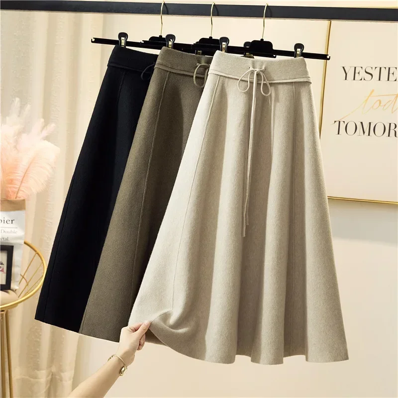 Women Fall Winter Casual Solid Thicked Warm A Line Skirts Knitted Long Maxi Skirt High Waist Ankle Length Skirts Female mishow retro straight denim jeans for women autumn 2023 high waist cotton elastic denim female ankle length pants mxc42k0459