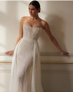 Customized Beautiful and sexy wedding dress Beaded strapless sleeveless detachable trawl Mermaid wedding dress Vestido de novia 1