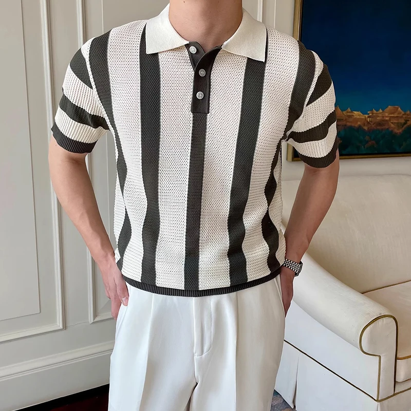 Contrast Color Striped Mens Polo Shirts Trendy Button Turn-down Collar Knit Tops Men Spring Summer Daily Casual Breathable Polos 9 Sb151a315e8be40af92551aff9bf420ceV