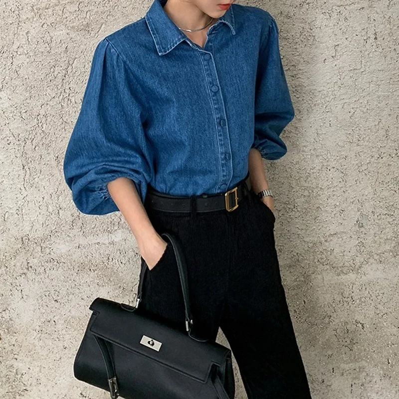 

Women Y2k Fashion Blue Denim Blouse Indie Vintage Shirt Mujer Fall 2023 Collar Puff Sleeve Short Jeans Blousa Tops Chic Female