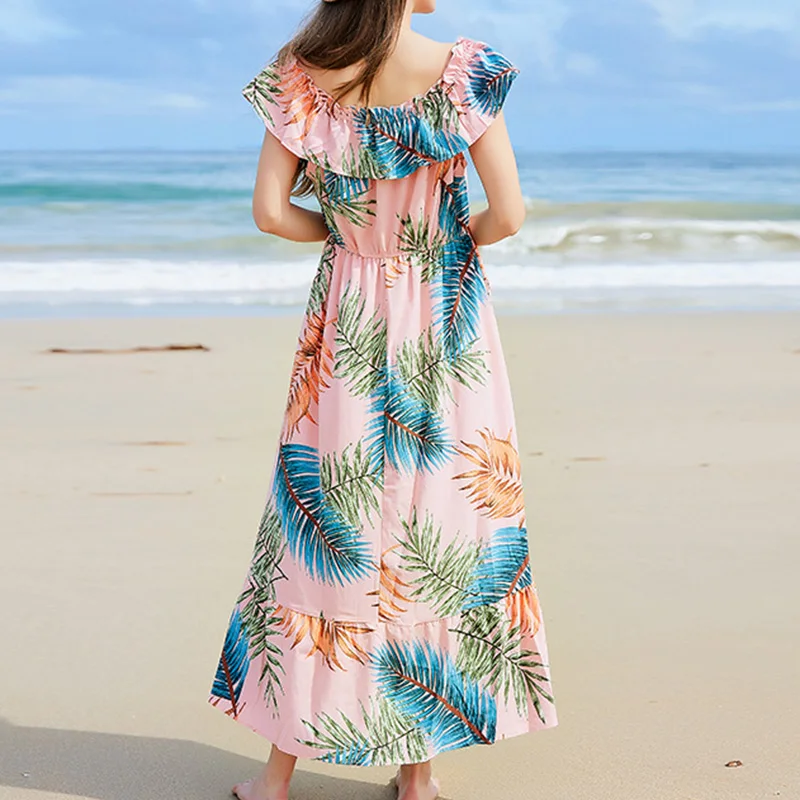 Summer Plus Size by the Seaside Beach Off Shoulder Plant Flowers Print One Word Collar Short Sleeve Sweet Ruffles Long Dresses