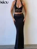 kliou Lace Patchwork Women 2 Piece Set Halter Fashion Backless Sheer V-neck Tanks+Trim Matching Long Skirts Mujer Elegant Suits 1