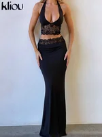kliou Lace Patchwork Women 2 Piece Set Halter Fashion Backless Sheer V-neck Tanks+Trim Matching Long Skirts Mujer Elegant Suits 1