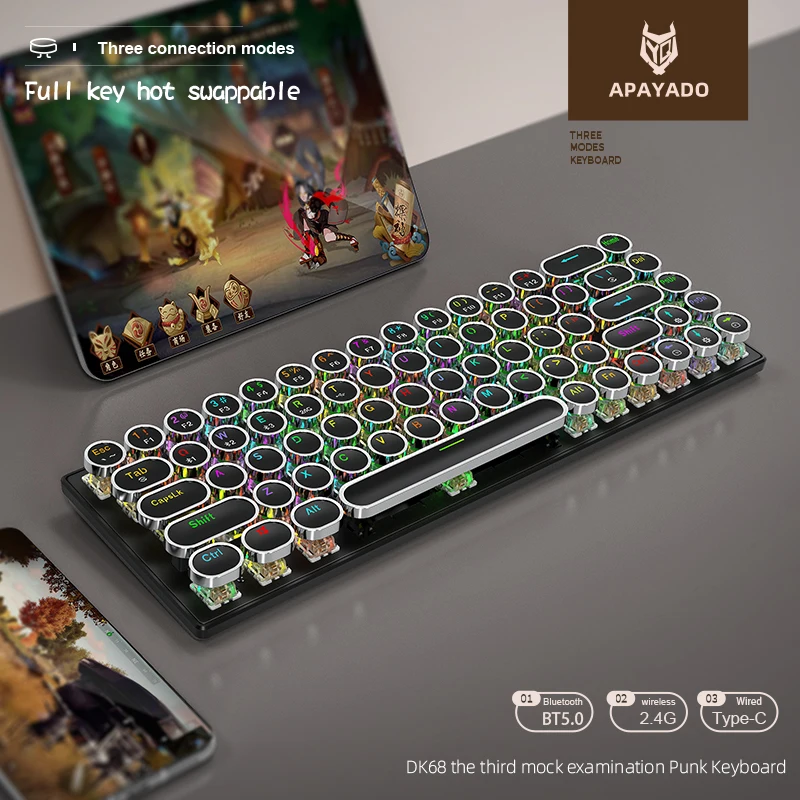 APAYADO 펑크 무선 기계식 키보드, 멋진 조명 효과, 핫 스왑 가능, PC, 아이패드, IOS 및 안드로이드 지원, DK68 