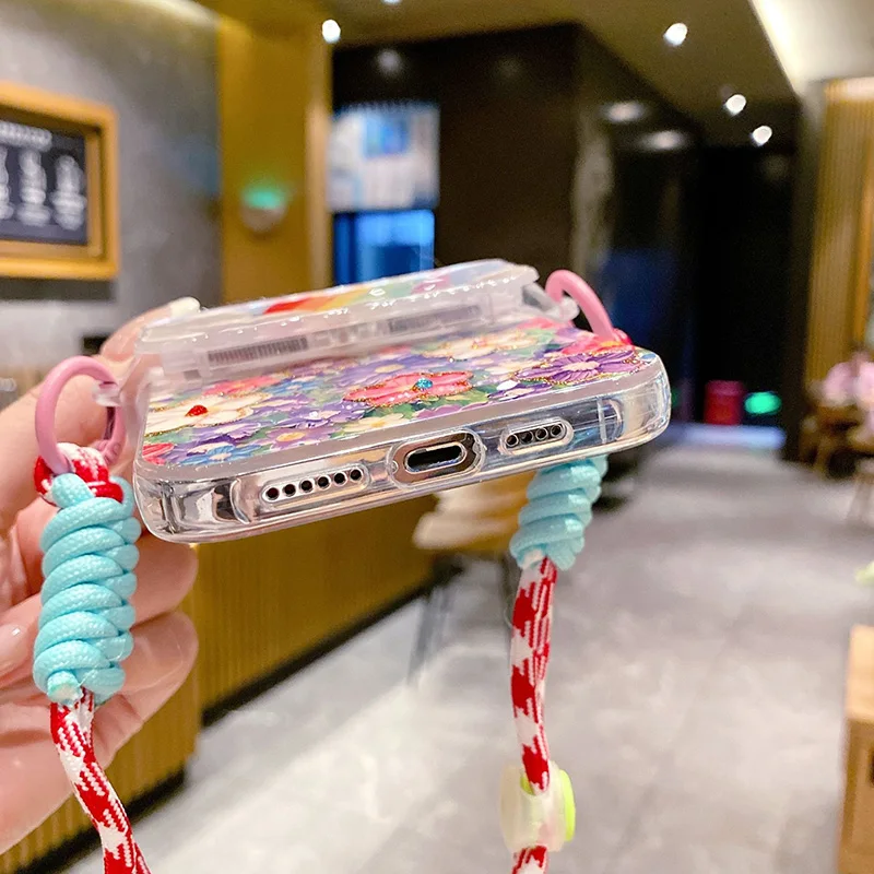 IPhone 15/13/14 promax Rainbow Colorful Flower Diagonal Straddle Bracelet Anti drop Women's New Phone Case