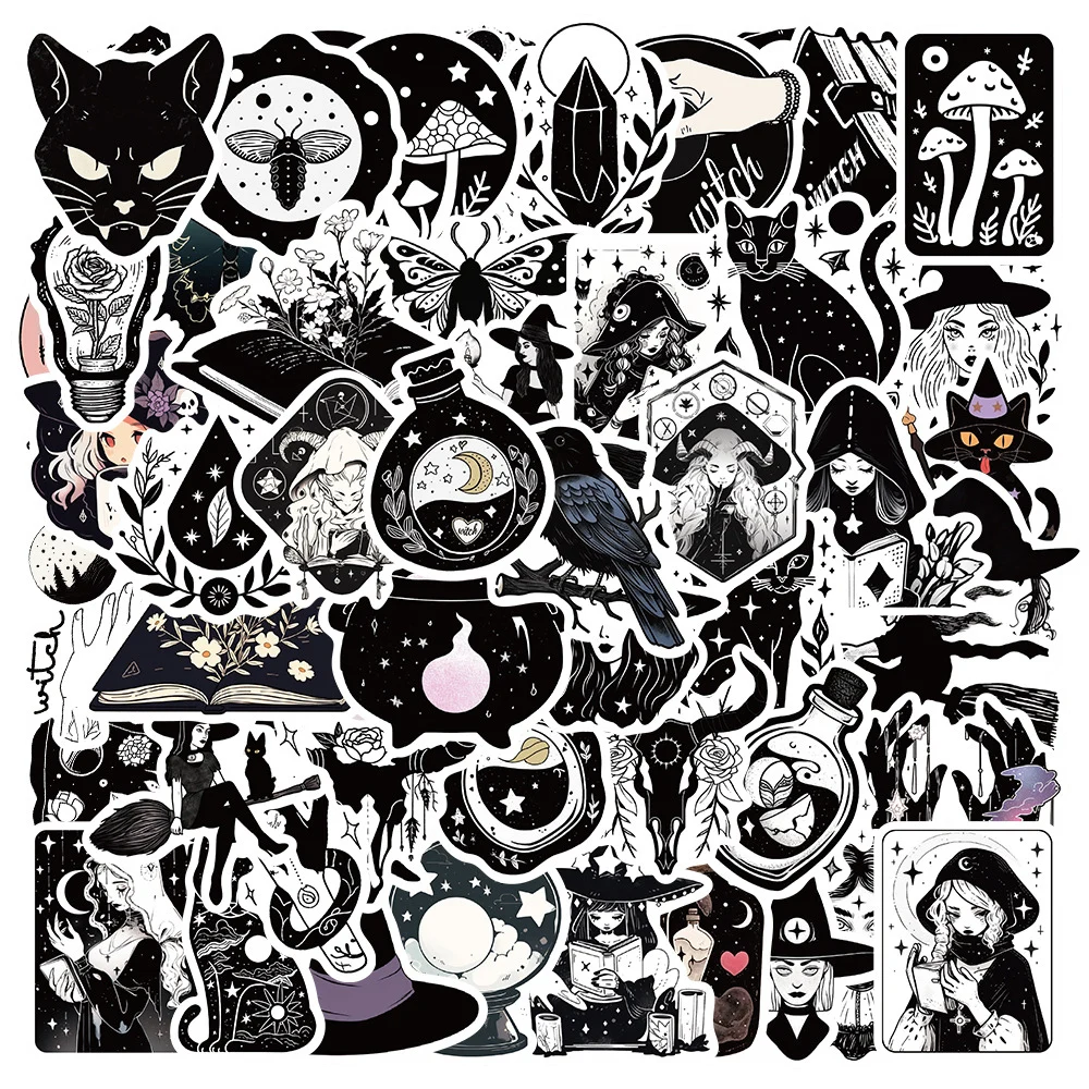 10/30/50pcs Black White Gothic Witch Graffiti Stickers Decals Laptop Skateboard Luggage Phone Car Cool Waterproof Sticker Toys