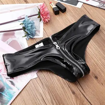 Slip da donna con cerniera aperta sul cavallo vita bassa tinta unita lucido mutande in ecopelle mini mutandine calde intimo per camera da letto