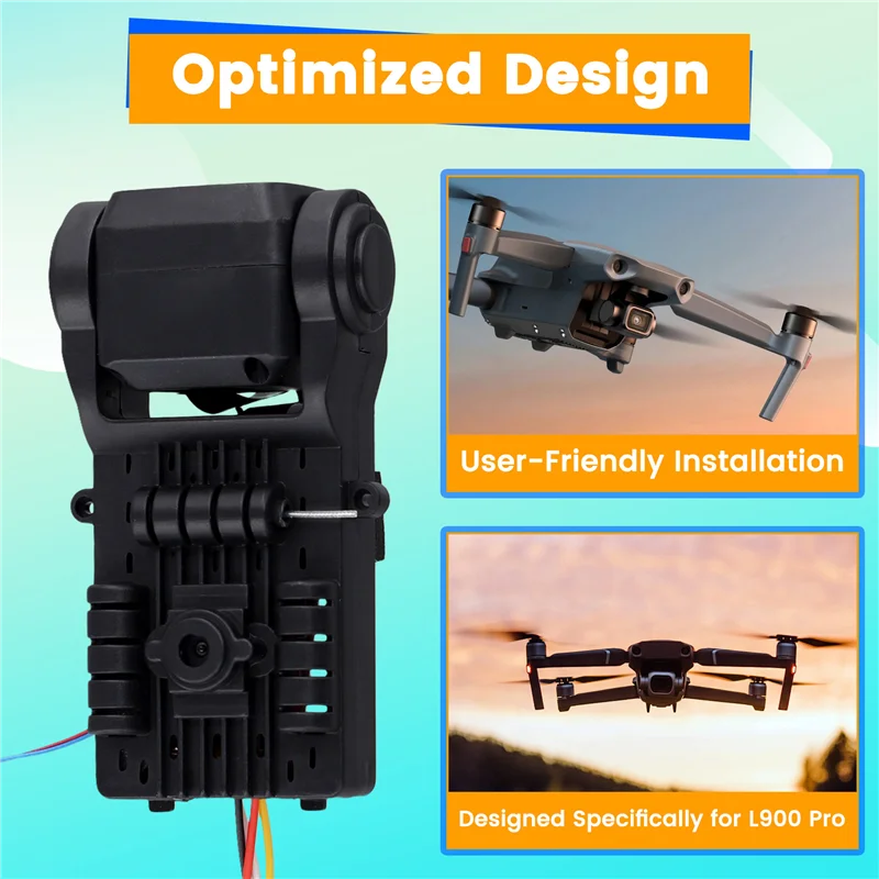 Détail de l'objectif de la caméra drone L900 Pro, pièce détachée noire avec reflets.