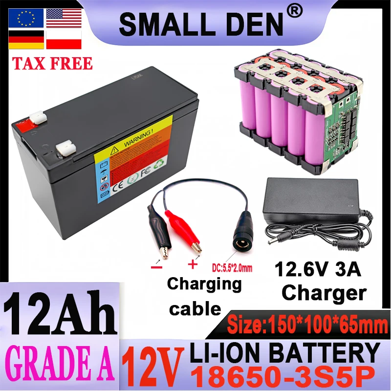 12v-12ah-18650-lithium-battery-pack-3s5p-12000mah-for-sprayer-scale-access-control-toys-ups-12v-power-supply-126v-3a-charger