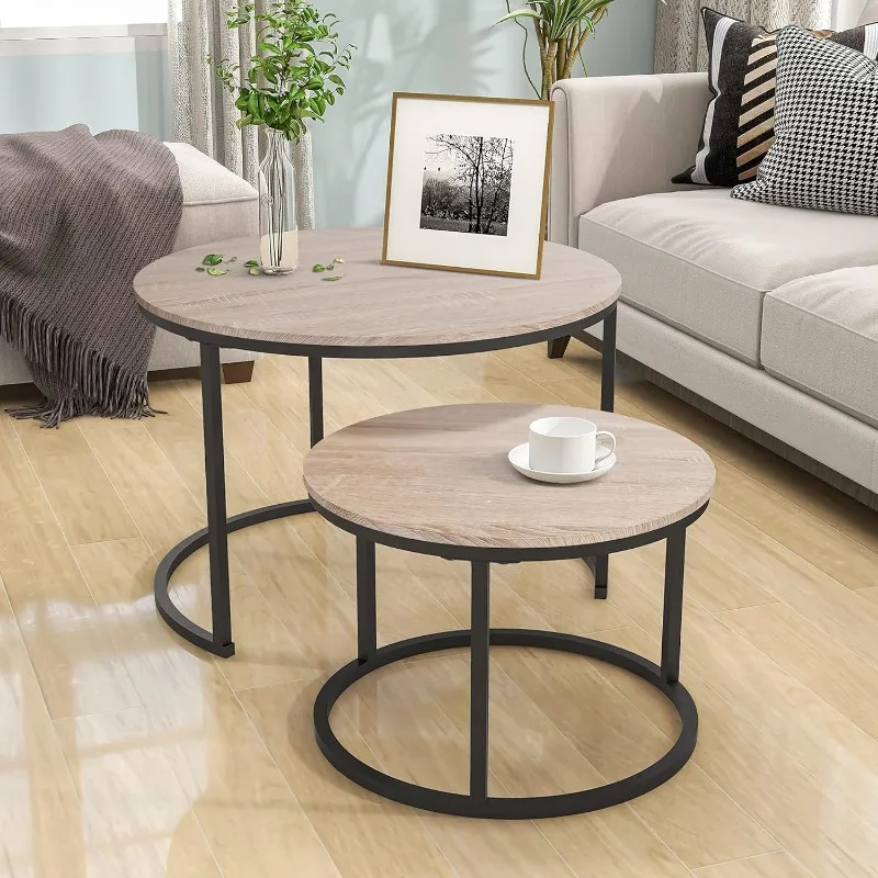 

Sturdy and Easy Assembly HOJINLINERO Industrial Round Coffee Table Set of 2 End Table for Living Room,Stacking Side Tables