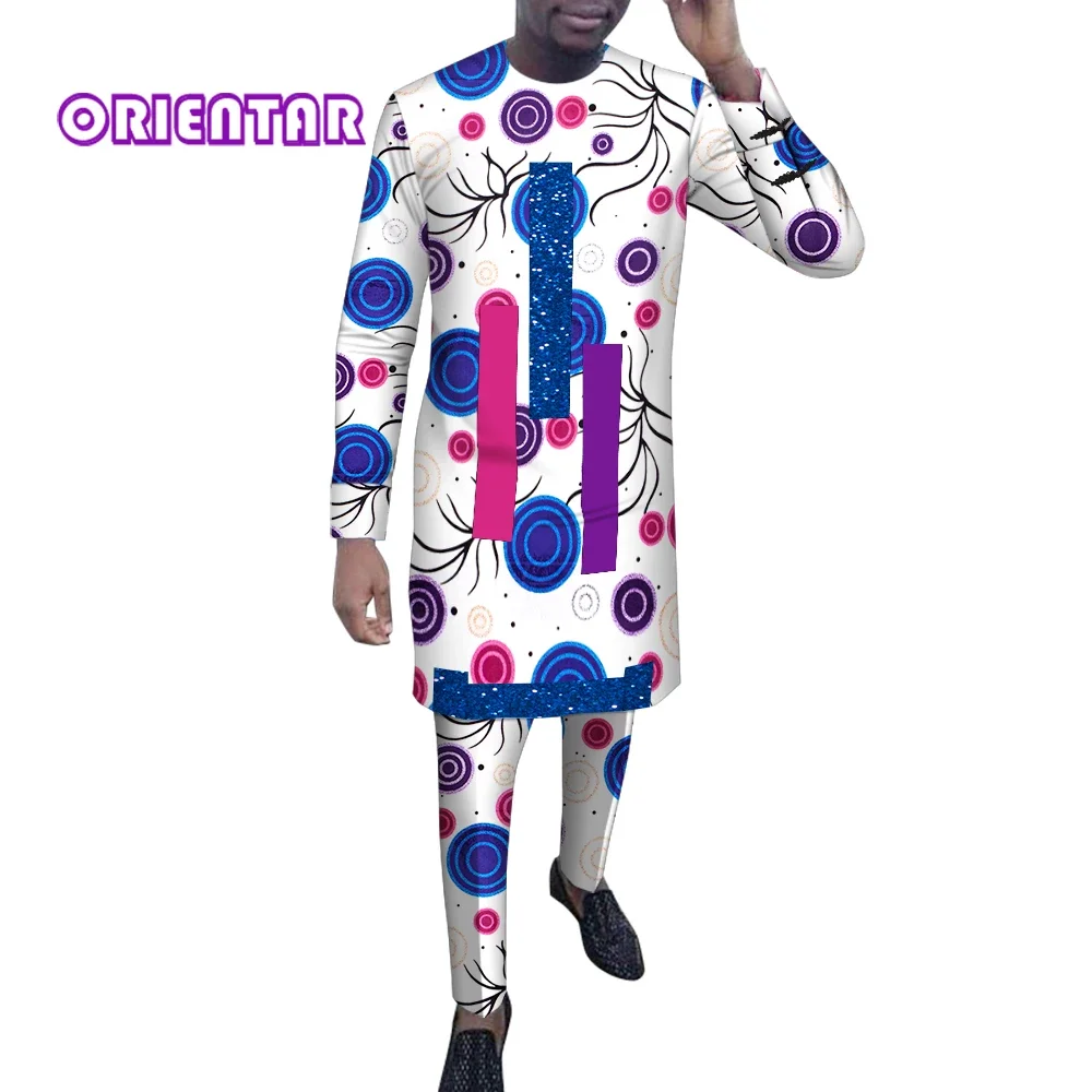 African Clothing Men\'s Print Set Long Shirts+Trousers Custom Made Ankara Fashion Male Groom Suits African Clothes Party WYN1554
