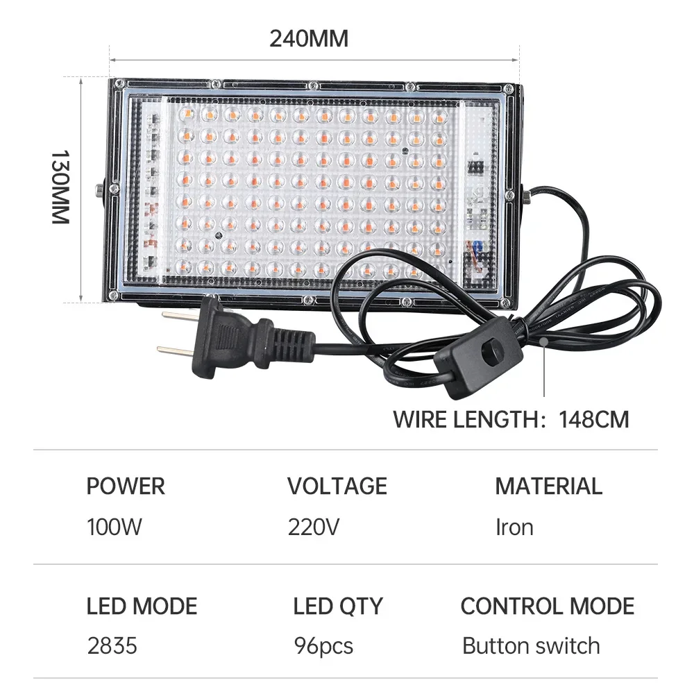 LED Grow Light 50W/100W for Indoor Plants Waterproof Full Spectrum Plant Growth Lamp Purple LEDs Adjustable Stand One Switch
