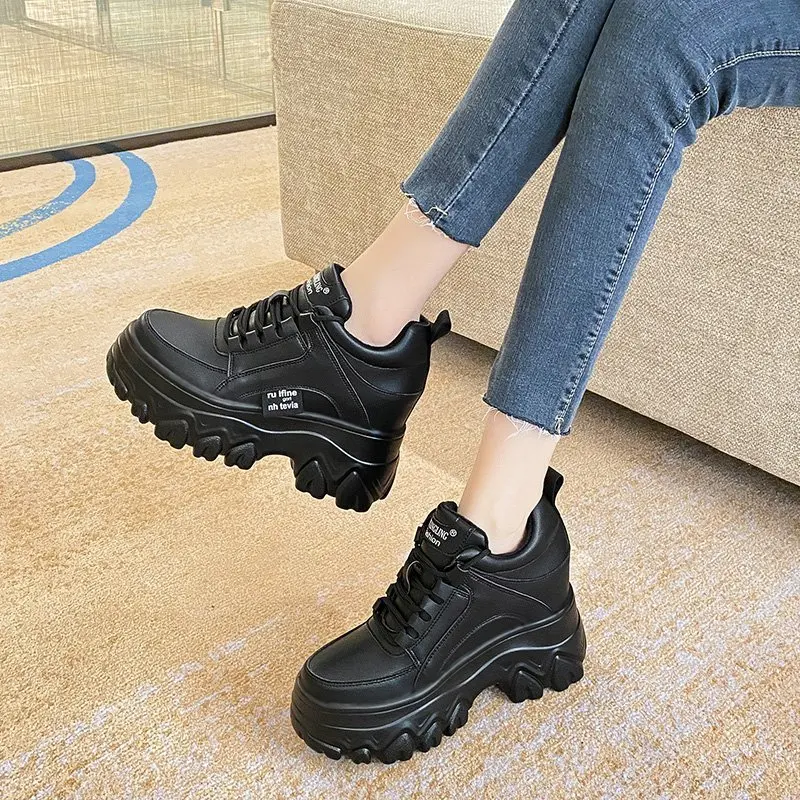New Women Leather Platform Sneakers Spring Trainers White Shoes 9CM High Heels Wedge Outdoor Sport Shoes Breathable Casual Shoes 4