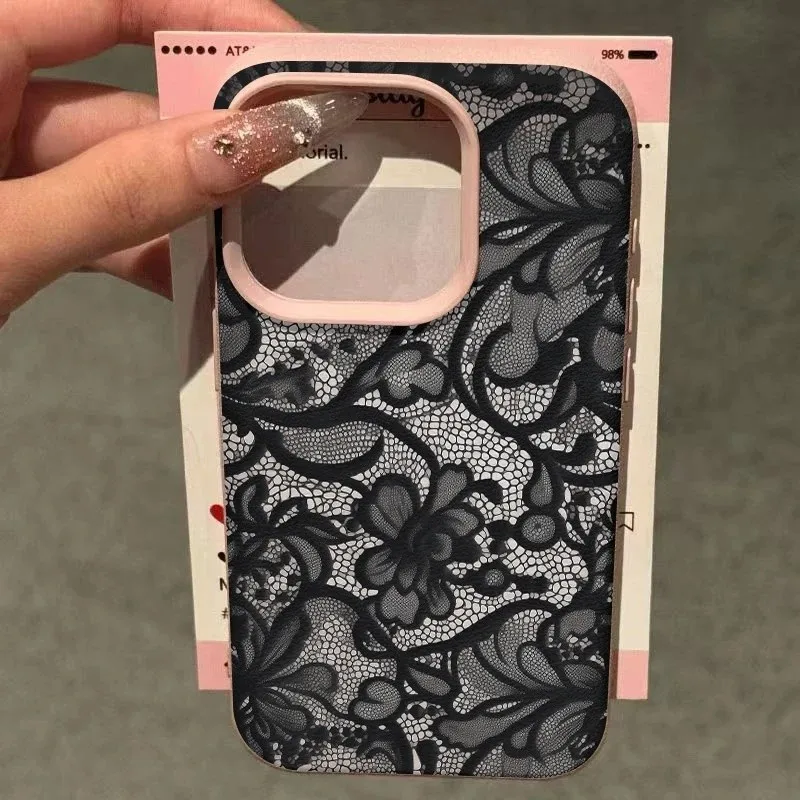 Elegant Lace Pattern Silicone Leather Phone Case – Stylish Protective Cover
