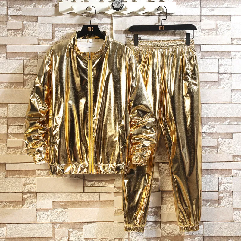 Casual Wear Jacket and Pants for Male Bright Gold Silver Colors Party Stage Performance Team Clothing Loose Trousers Suit