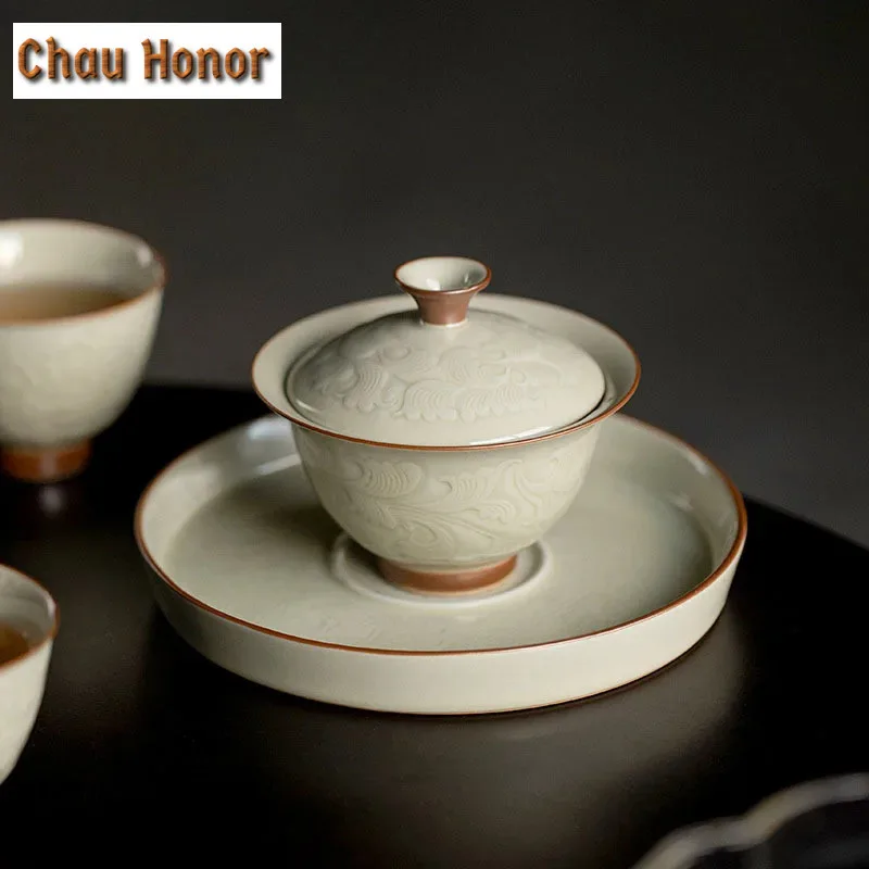 130ml Retro Honey Glaze Ceramic Tea Tureen Embossed Peony Art Tea Maker Boutique Gaiwan Household Kung Fu Tea Tools Accessories