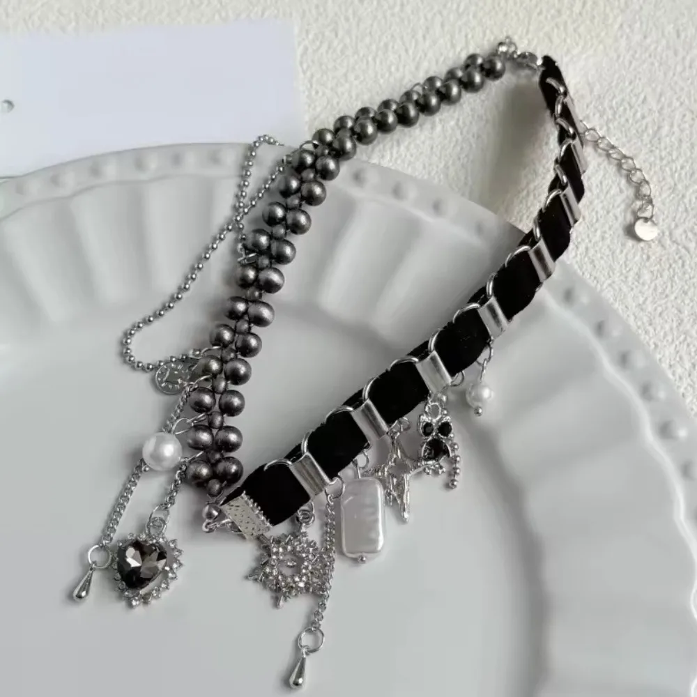 Y2K Snowflake Starlight Heart Tassel Necklaces for Women Velvet Woven Rope Beaded Patchwork Chain Choker Necklace Luxury Jewelry