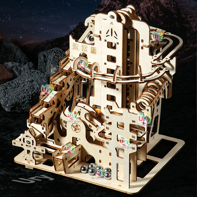 Ury 3D Wooden Puzzles Electric Catapult Track Device Marble Run Set Mechanical Model Science Maze 7 Balls Assembly Gift for Kids 6