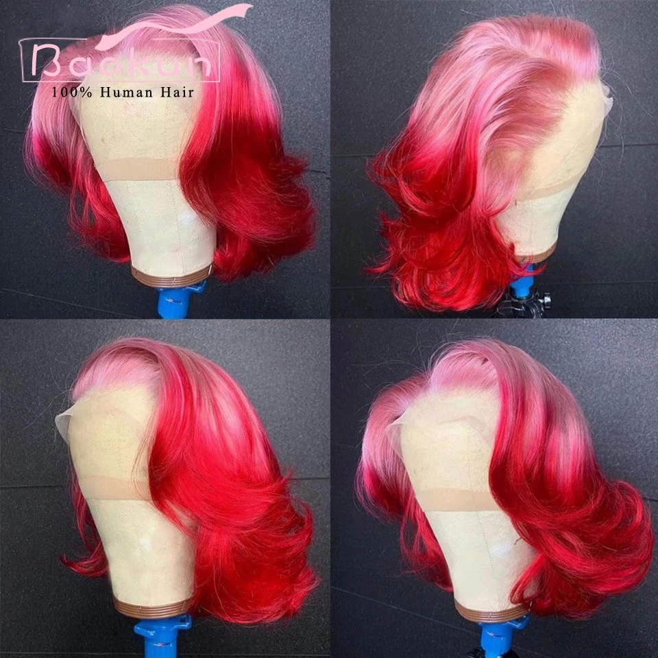 

Body Wave 13x6 HD Lace Frontal Wig Ombre Blue Pink Short Bob Wig Lace Front Human Hair Wigs 13x4 Transparent Lace Wigs For Women
