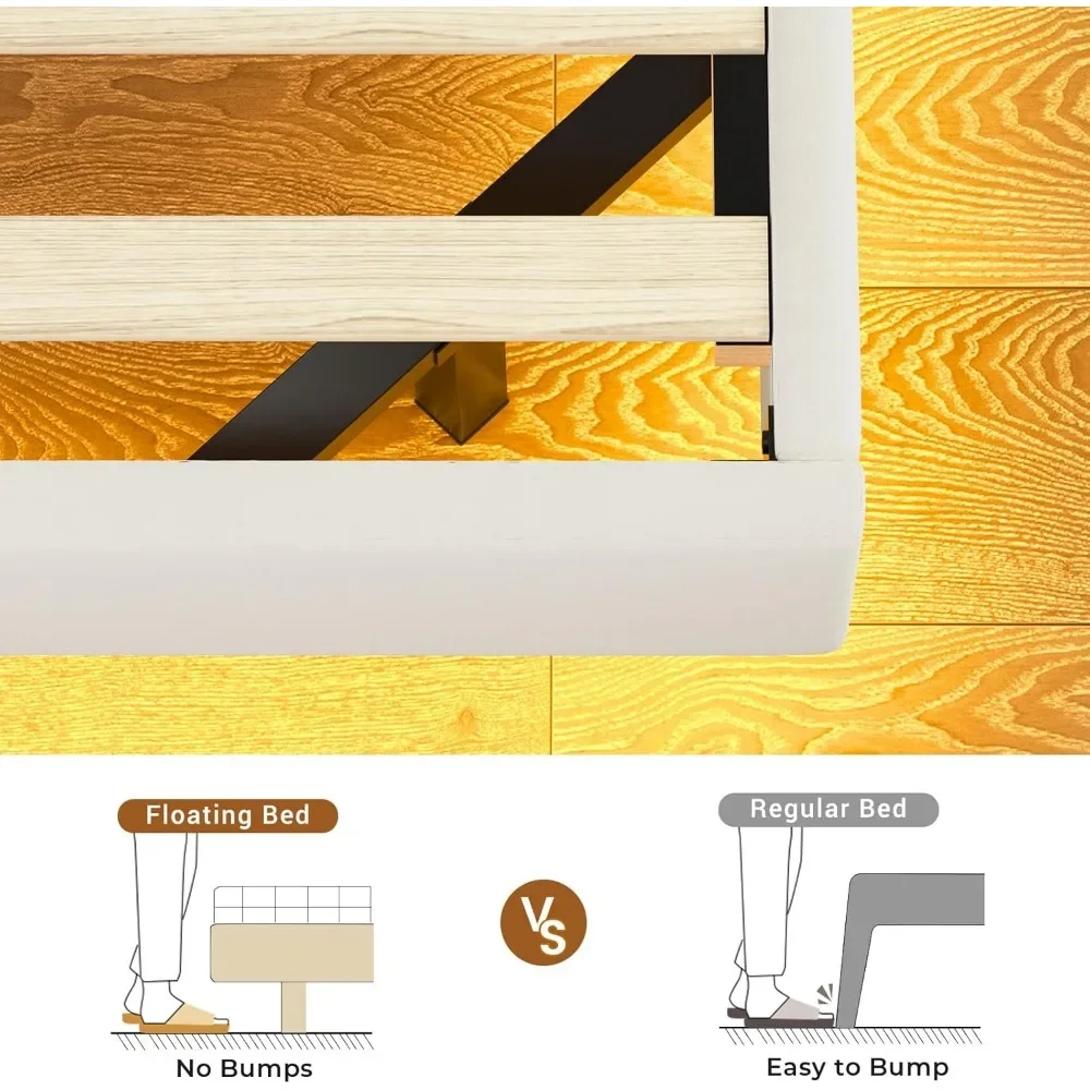 King Size Floating Bed Frame with Storage Headboard and Power Outlet，LED Lights, Solid Wood Slats Support,Velvet White 5