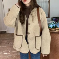 Ladies' Loose Fit Lamb Fur Jacket Korean Style Winter round Neck Button up Cardigan Pockets Long Sleeve Top Quality Color Block