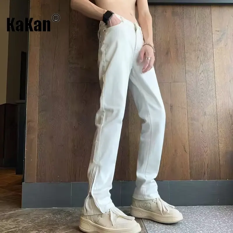 Kakan - Europe and The United States New White Slim Jeans Men's, Gang Handsome Zipper Open Micro Straight Long Jeans K63-6077