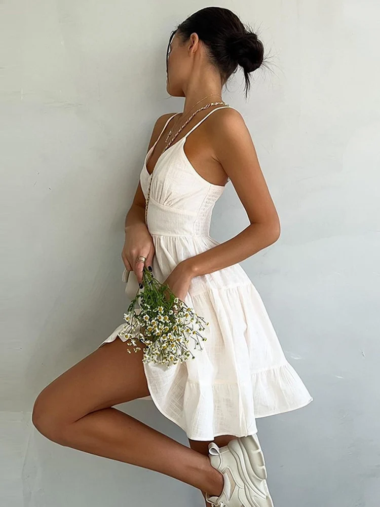 

Dresses V-neck Sleeveless Female Sexy Y2K Girls Camisole Vestido Fashion Women's Dress Linen Cotton Ruffles A-Line Solid Sling