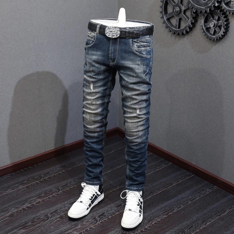 Fashion Vintage Men Jeans High Quality Retro Black Blue Elastic Slim Ripped Jeans Men Spliced Designer Denim Biker Pants Hombre