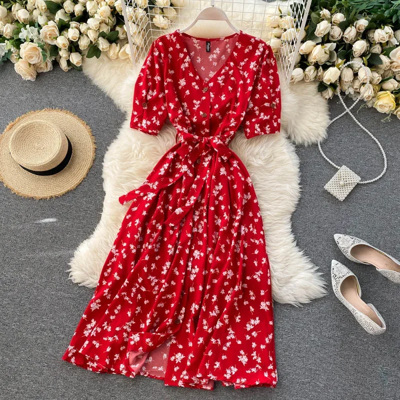 Sb15342e24af2477ca0c053533d935448D Korean Red elegant sexy Dress women Summer Autumn V-neck polka dot midi dress waist split dress vestidos de fiesta clothes