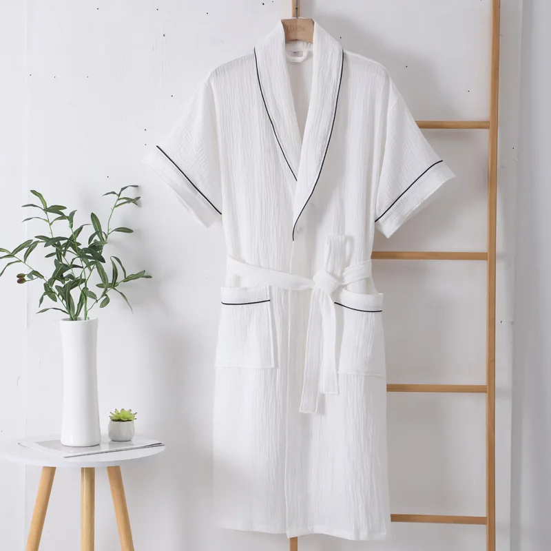 Summer Thin Cotton Bathrobe Double Layer Gauze Short Sleeve Nightgown for Men and Women Absorbing and Quick Drying Bathrobe cotton bathrobe
