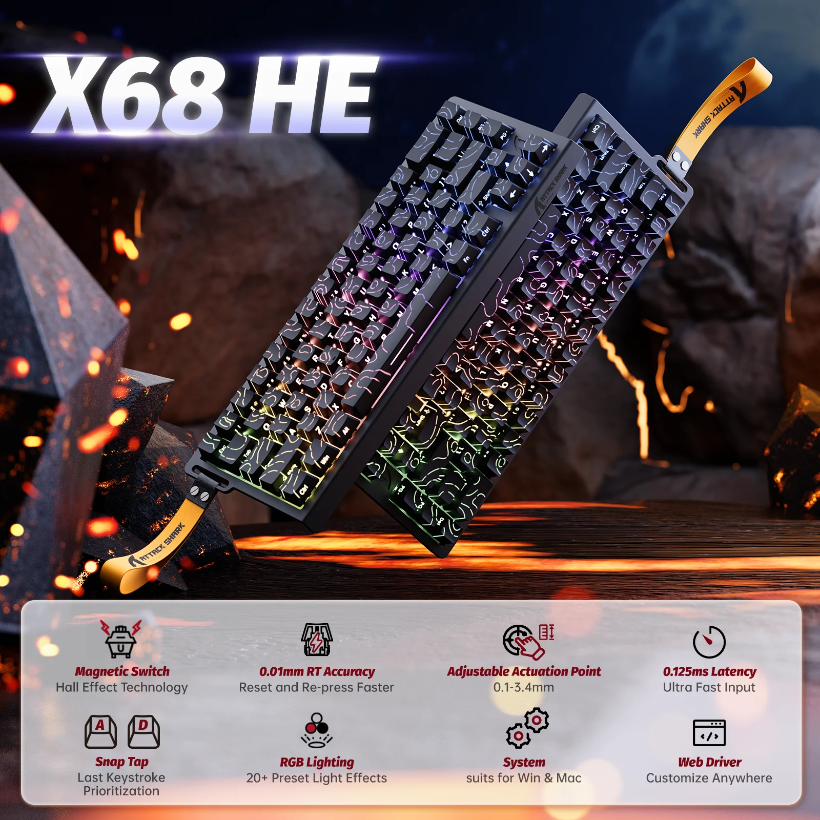 ATTACK SHARK X68 HE & R1 급속 트리거 게이밍 키보드 & 마우스 세트, 8000Hz 유선 RGB 키보드, 59g 슈퍼라이트 무선 마우스