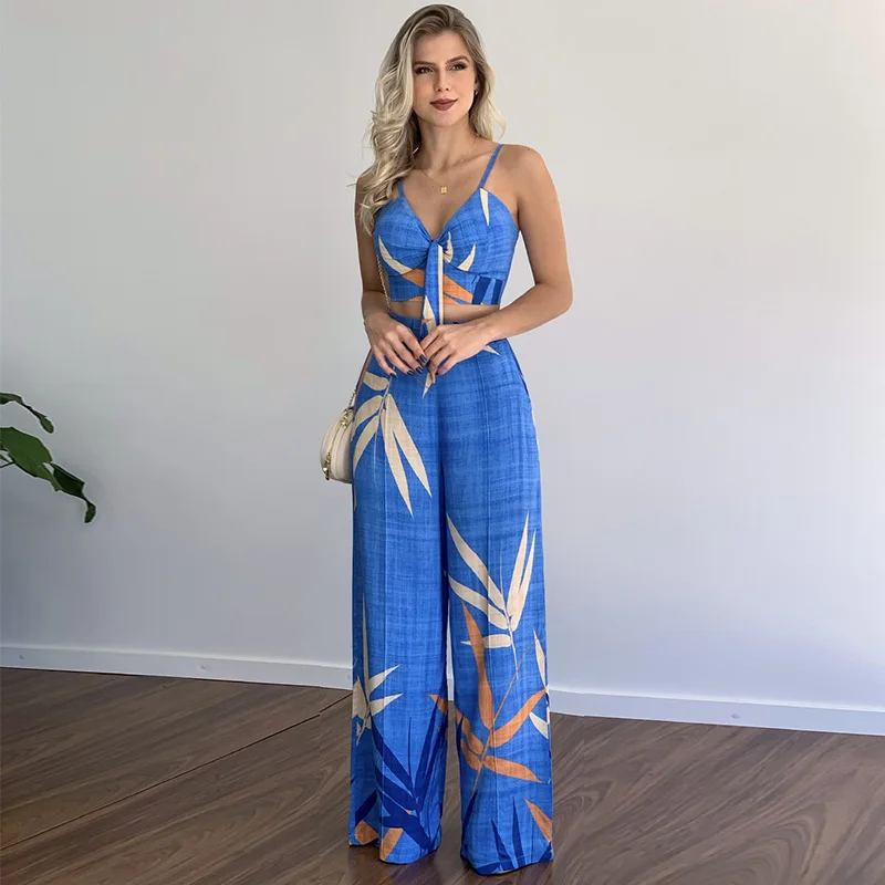 

Women Casual Two Piece Set Summer Sexy Lady V Neck Strap Printed Short Lace Up Vest High Waist Elegant Wide Leg Pants Suit