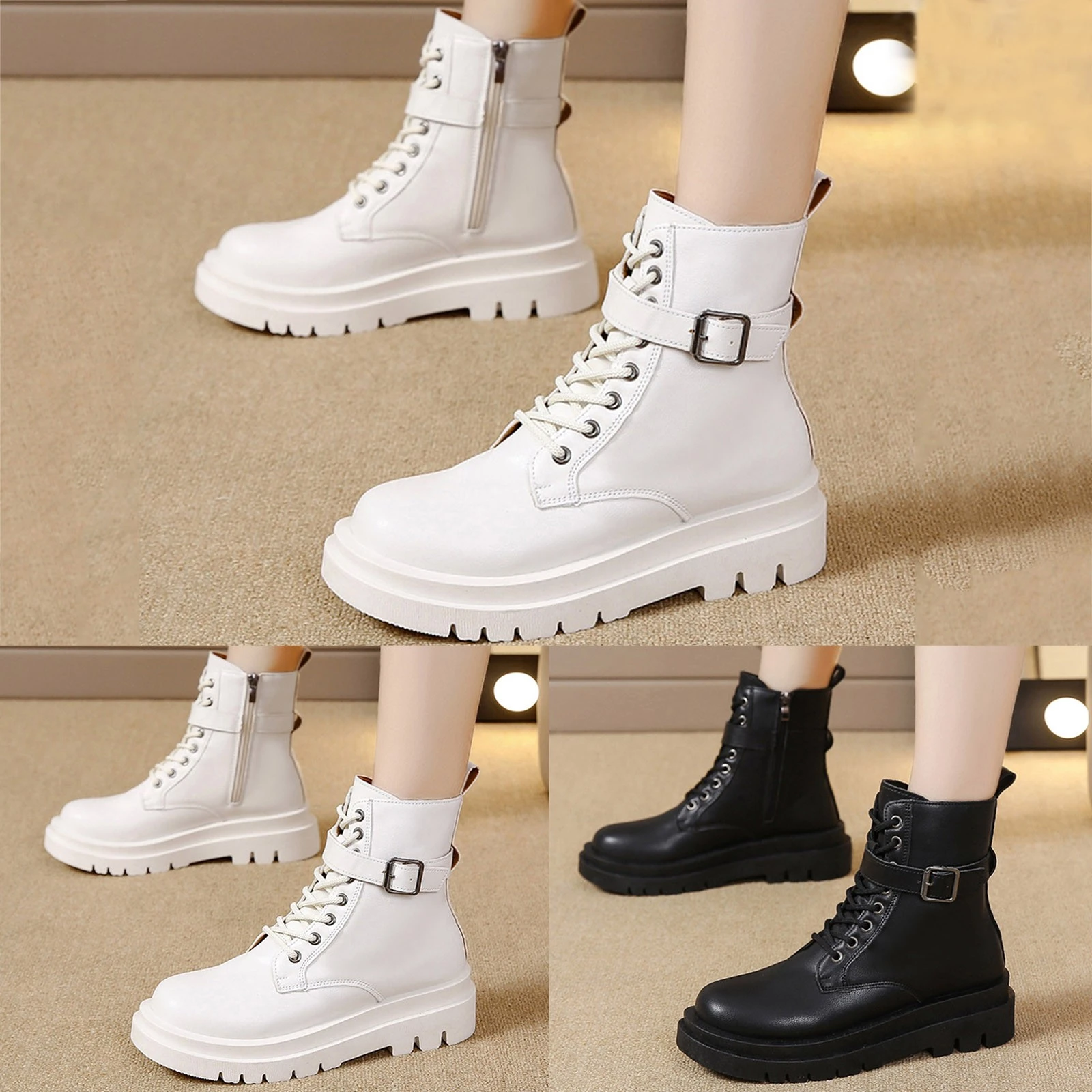 Botas de cuero sin tacón para mujer, botines de goma a la moda para Otoño e Invierno| - AliExpress