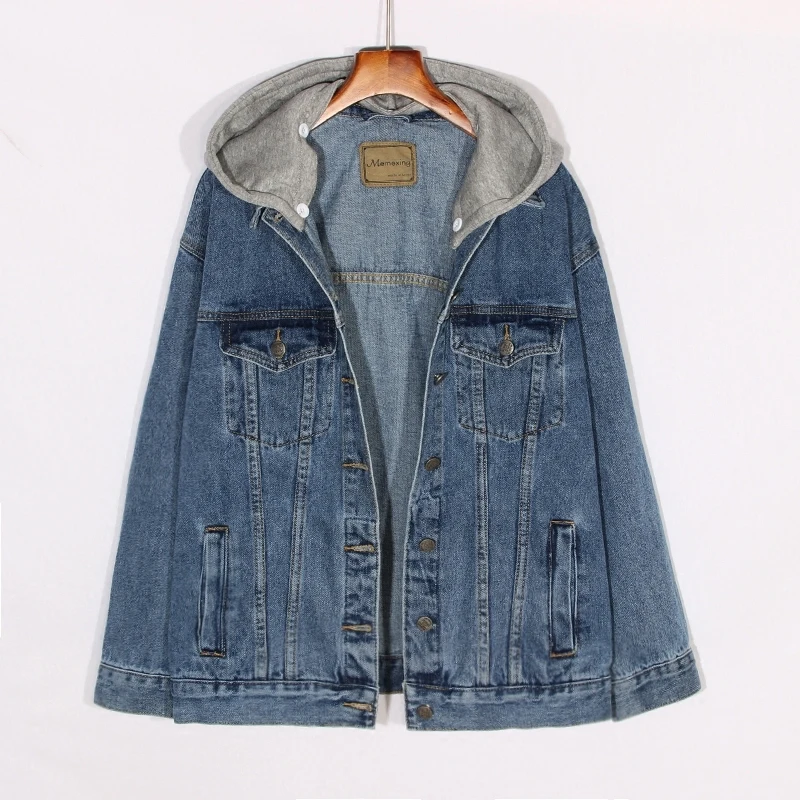 

Spring Autumn Detachable Hooded Denim Jacket Women Vintage Blue Loose Mid Long Cowboy Outerwear Big Pocket Jeans Jacket Female