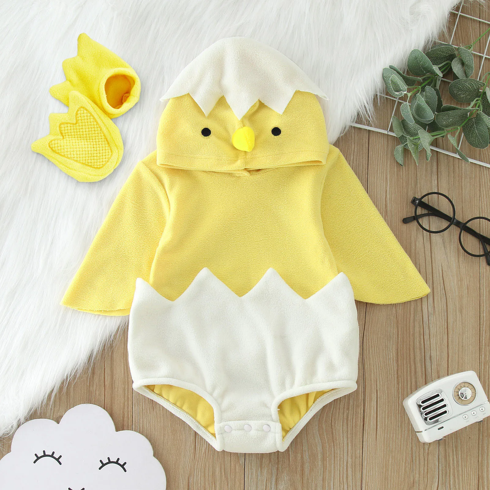 Cute Baby Chicken Chick Costume for Boys Girls Infant Fleece Rompers Jumpsuit Halloween Easter Fancy Dress