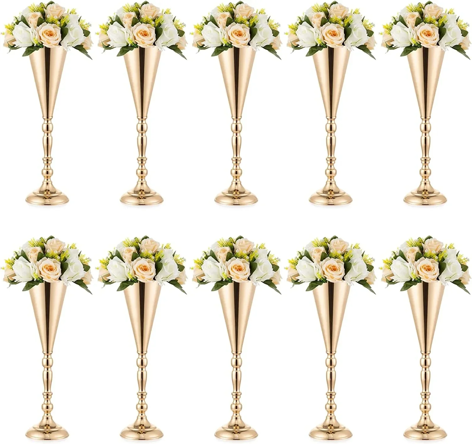 Gold Metal Wedding Flower Trumpet Vase, Table Decorative Centerpiece, Artificial Flower, Ceremony Party, Birthday Event, 10 Pcs 1