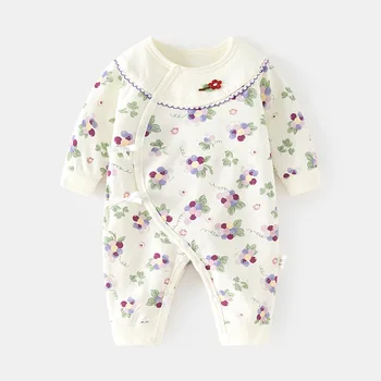Newborn Baby Romper Spring Autumn Seamless Cotton Jumpsuit Floral Print Side Snap Long Sleeve Bodysuit For Baby