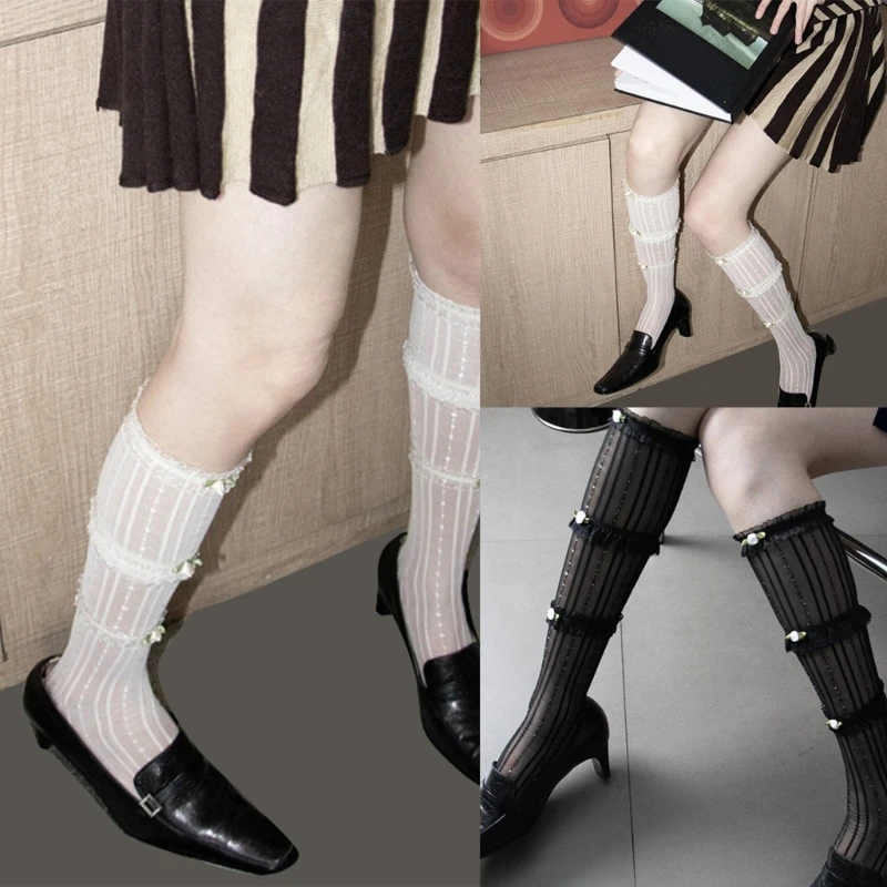 

Women's Trouser Socks Ruffle Sheer Knee High Socks Nylons Silk Stockings Loose Socks Sweet Knee High Stockings DropShip