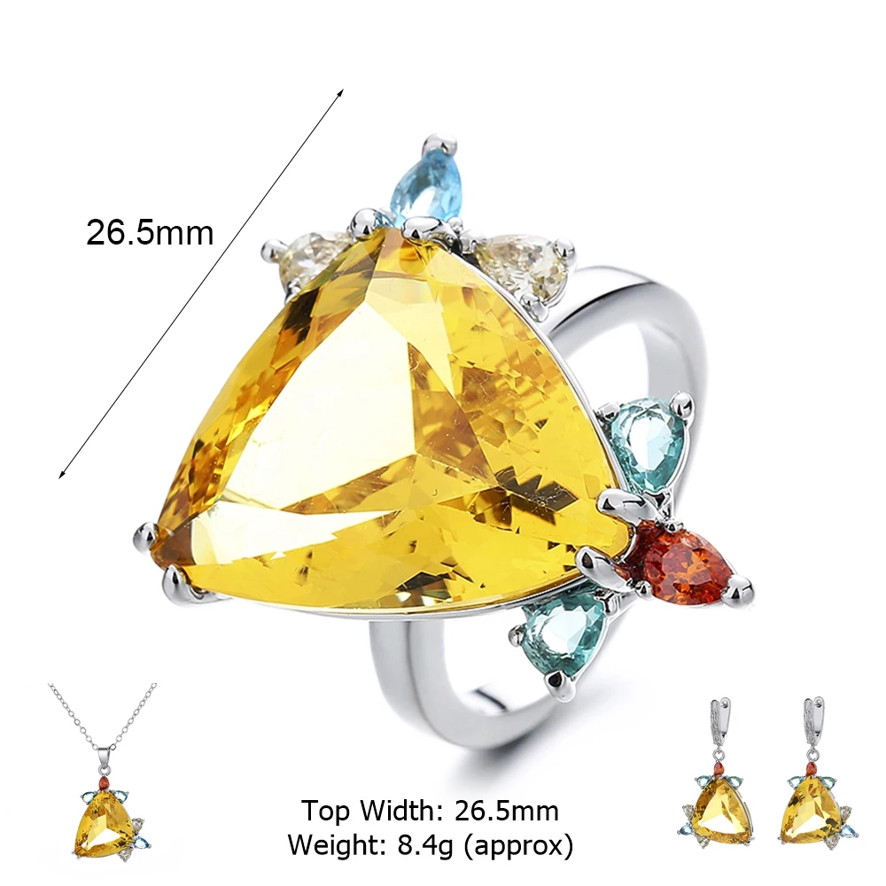 Trendy Ring Pave Big Triangle Yellow Cubic zircon Thick Silver Plating Brass Metal Pretty Fashion Jewelry For Women