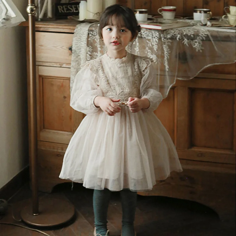 Girls Spring Princess Dress Cute Lace Collar Tulle