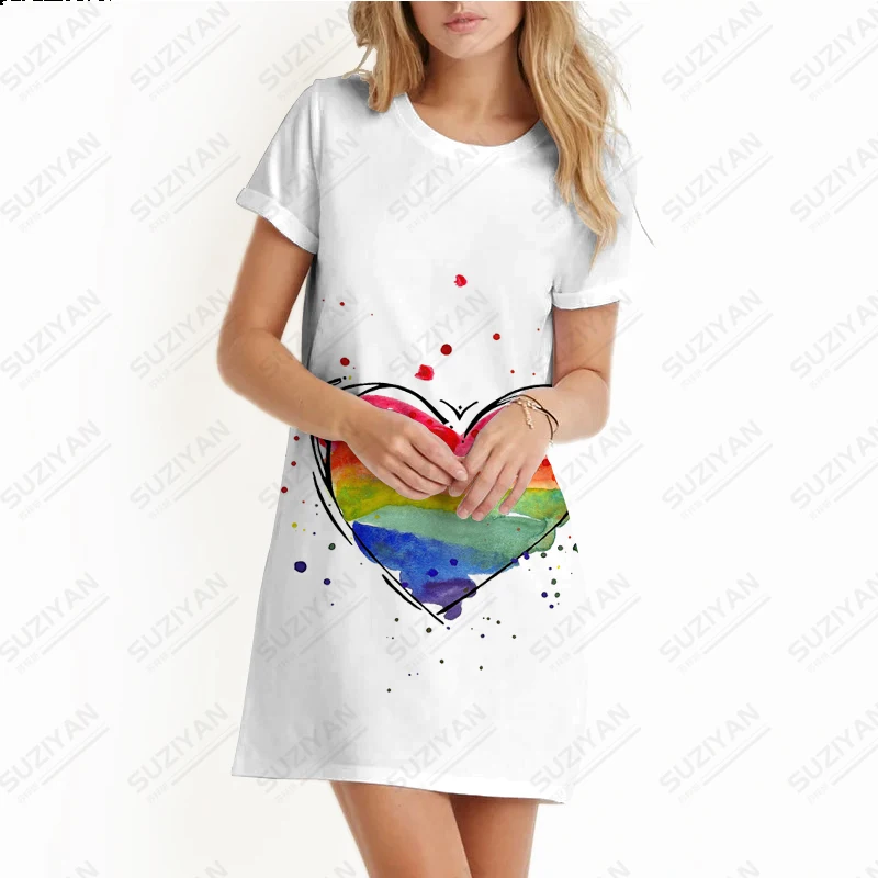 

3D printed clothing women's O-neck short sleeved T-shirt pullover short skirt loose casual large A-line skirt love solid color